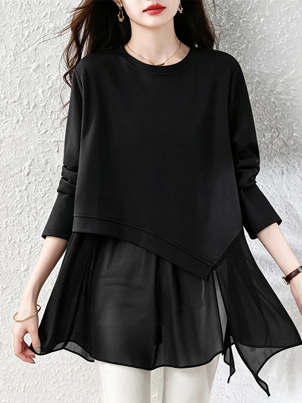 Loose Long Sleeve Spliced Chiffon Base Layer Top Korean Style Casual Wear for Women Autumn New Arrival Inner Wear Shirt