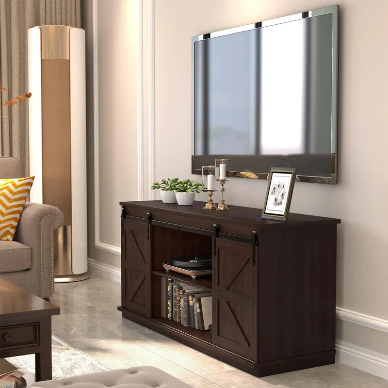 Mid Century Modern TV Stand for 65 Inch TV with Storage Cabinets and Sliding Barn Doors