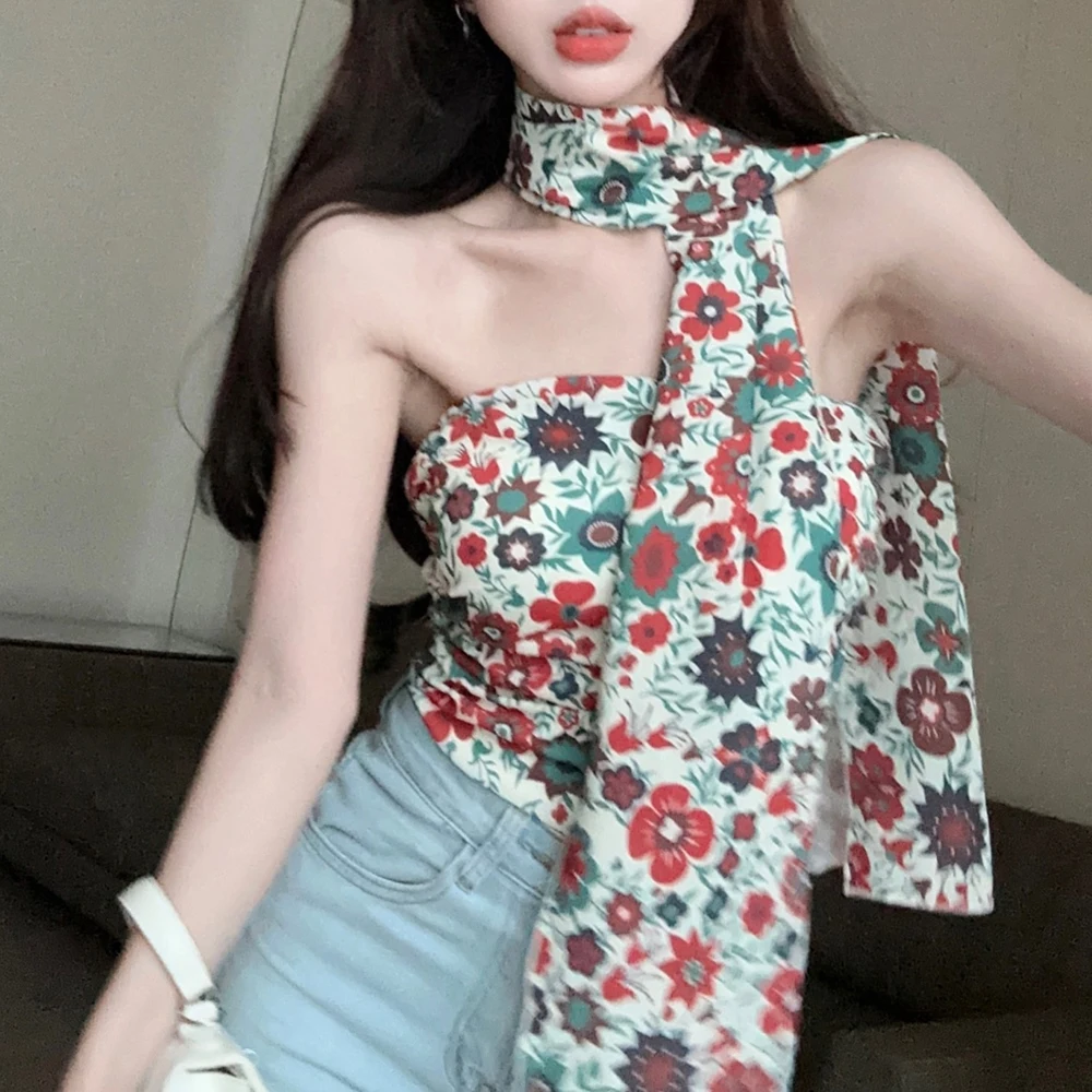One shoulder Thai vacation style ribbon floral sexy strapless vest for women pure desire tea art sweet spicy girl short top