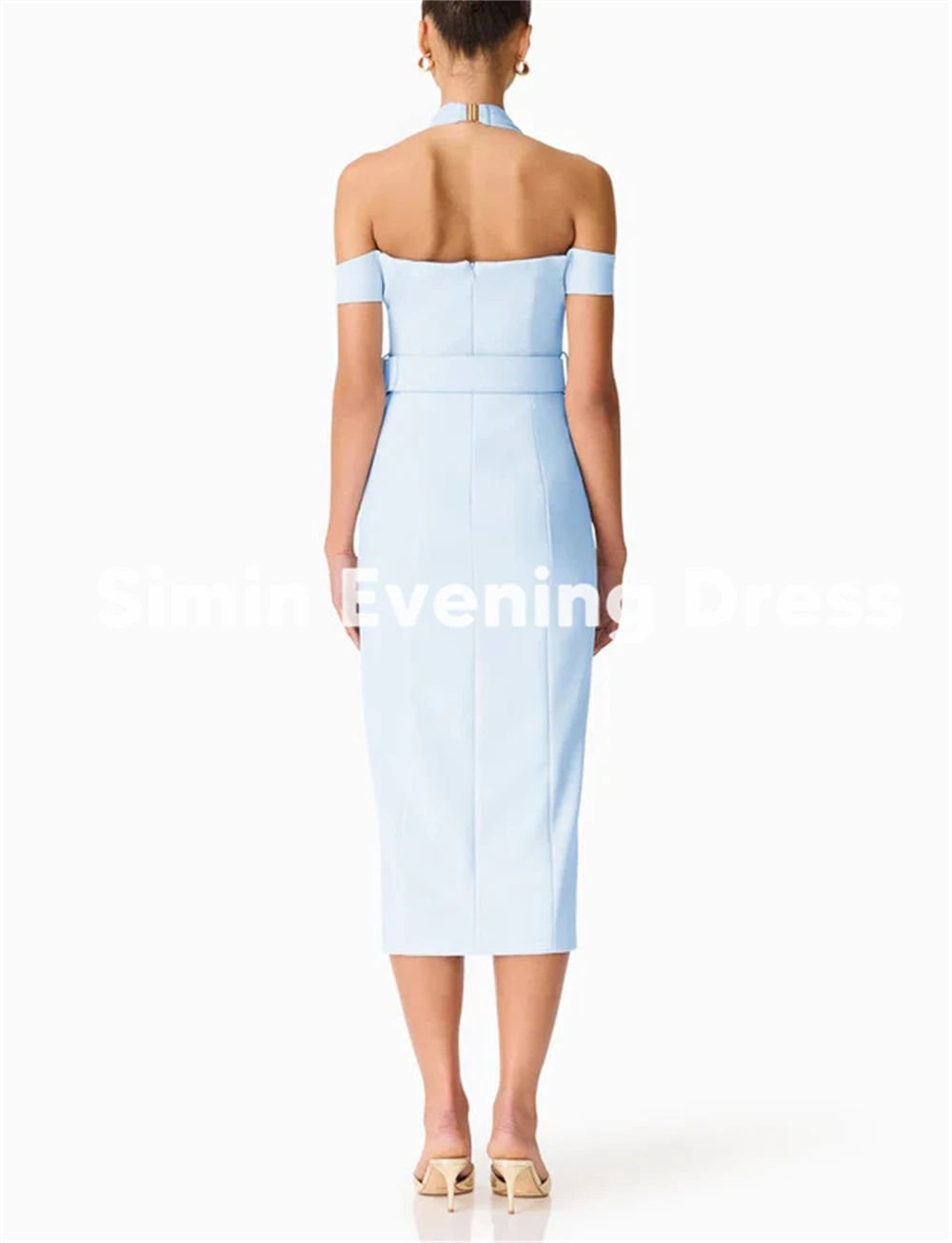 Simin Women's Halter Boat-neck Sashes Saudi Evening Dresses With Sleeveless Straight Tea-Length Formal Elegant Dresses 2025