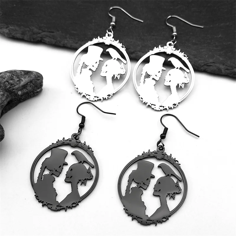 Gothic Bride and Groom Stainless Steel Skull Crow Hoop Earrings for Women Men Black Photo Frame Couple Jewelry Party Gift