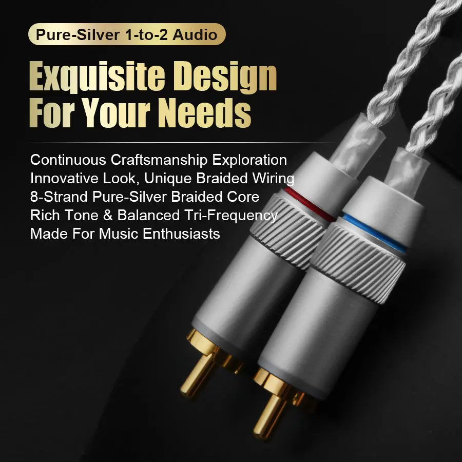 QINCROWN 8 Strand Pure Silver Braided Type-C to 2 RCA Y Splitter Audio Cable, HiFi Audiophile for Phone DAC Amp Home Audio