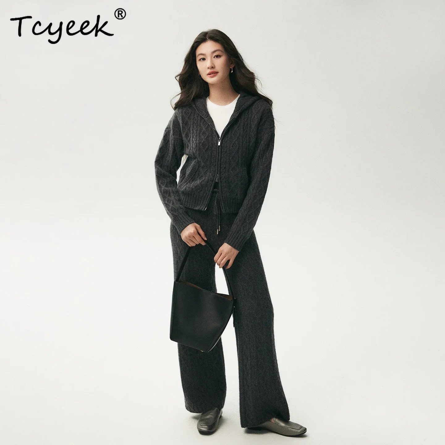 Luxury Clothing Women's Sweater Suite 100% Cashmere Hooded Cardigan Pants Twists Flower Double Zip Autumn Winter Knit Jacket Set