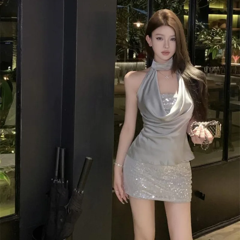 Celebrity Temperament Swing Collar Satin Top Skirt Two-piece Set Women Sequin Hollow Out Hanging Neck Slim Summer Banquet Wear