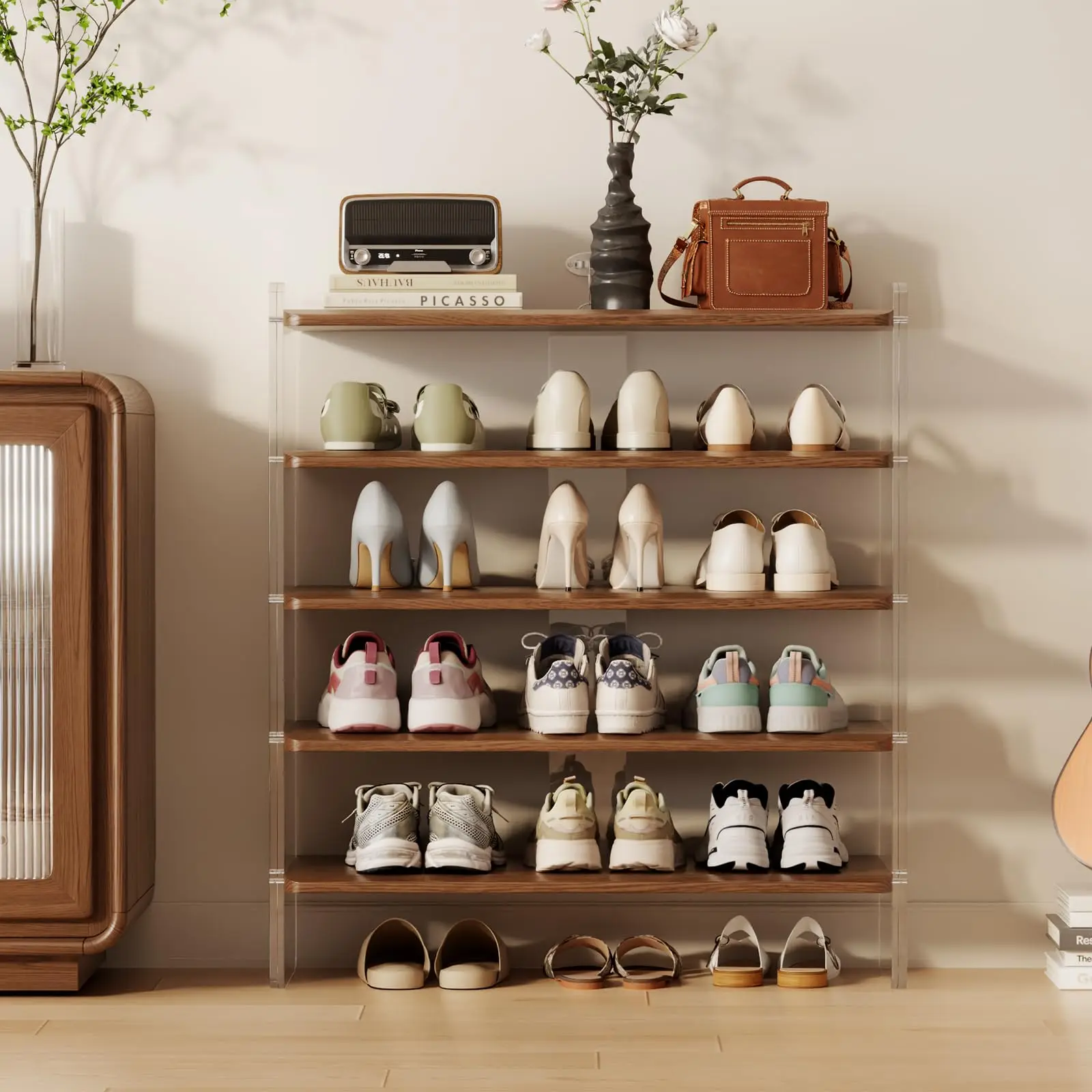 

Modern 5-Tier Shoe Organizer With Walnut Wood Shelves And Clear Acrylic Frame For Entryway Living Room Or Closet