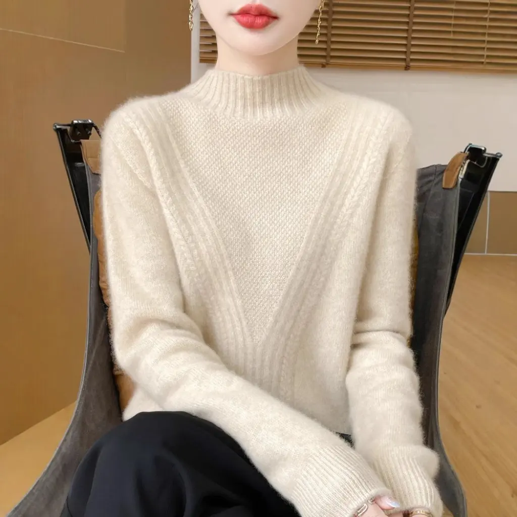

Women's Thick Half-Turtleneck Wool Sweater Autumn Winter Twist Loose Knitted Base Shirt All-Match Fashion Outfit