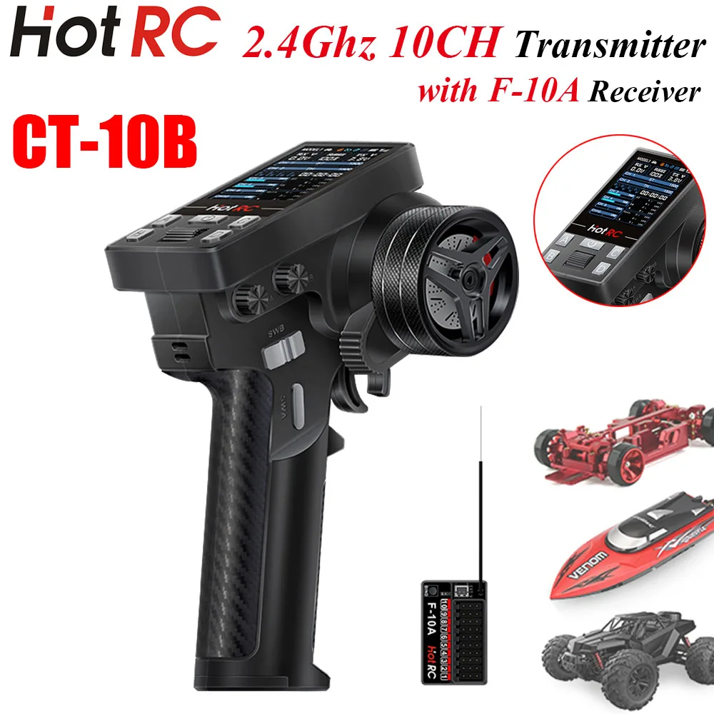 New HotRC CT-10B 10CH Remote Control Metal Handwheel Color Screen Transmitter F-10A  Receiver for RC Car Aircraft Boat Dron Part