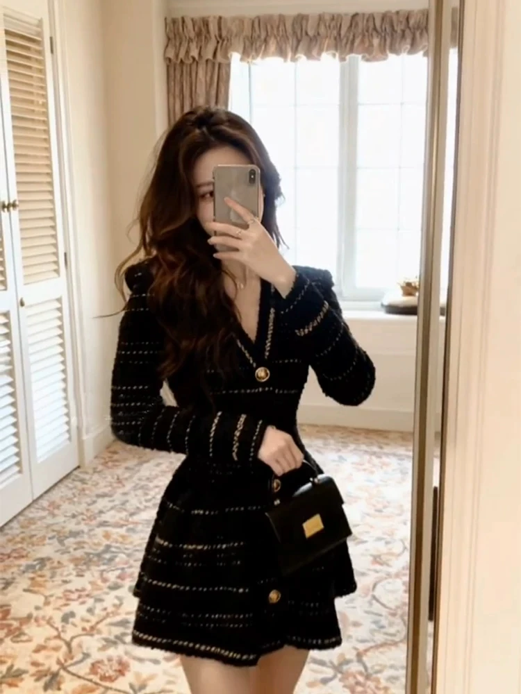 

XZY Корейское зимнее платье больших размеров с V-образным вырезом и длинными рукавами, женское, с высокой талией, короткое, элегантное, роскошное, модное