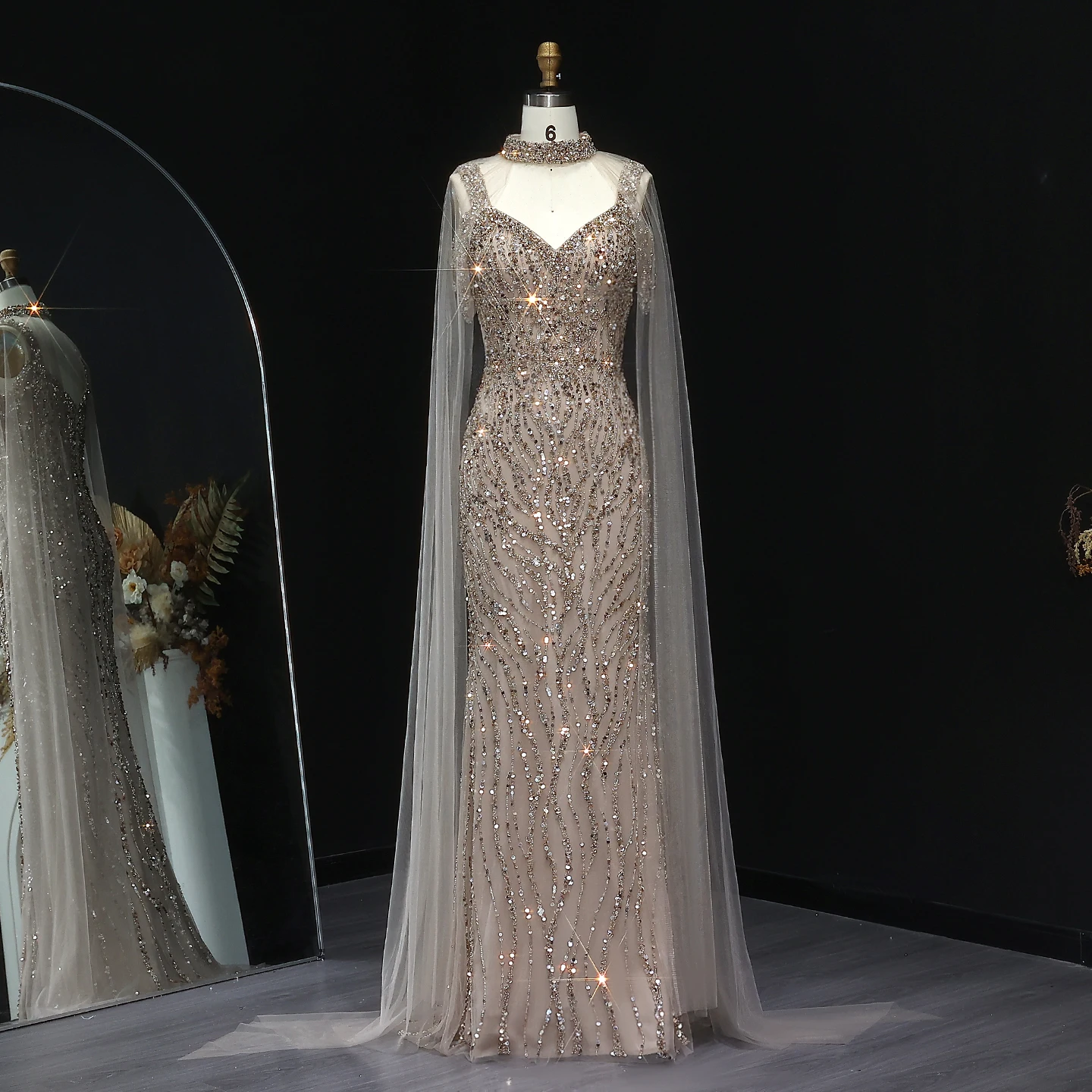 Sharon Said Arabic Mermaid Luxury Pink Evening Dress with Cape Sleeves Champagne Long Women Wedding Party Gowns SS033 Customized