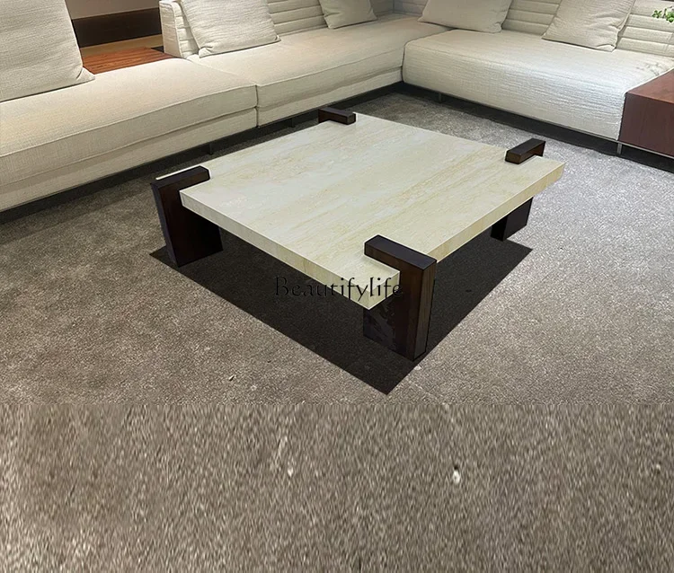 

White Travertine M Coffee Table Nordic Style Marble Solid Wood Stone Plate Tea Table