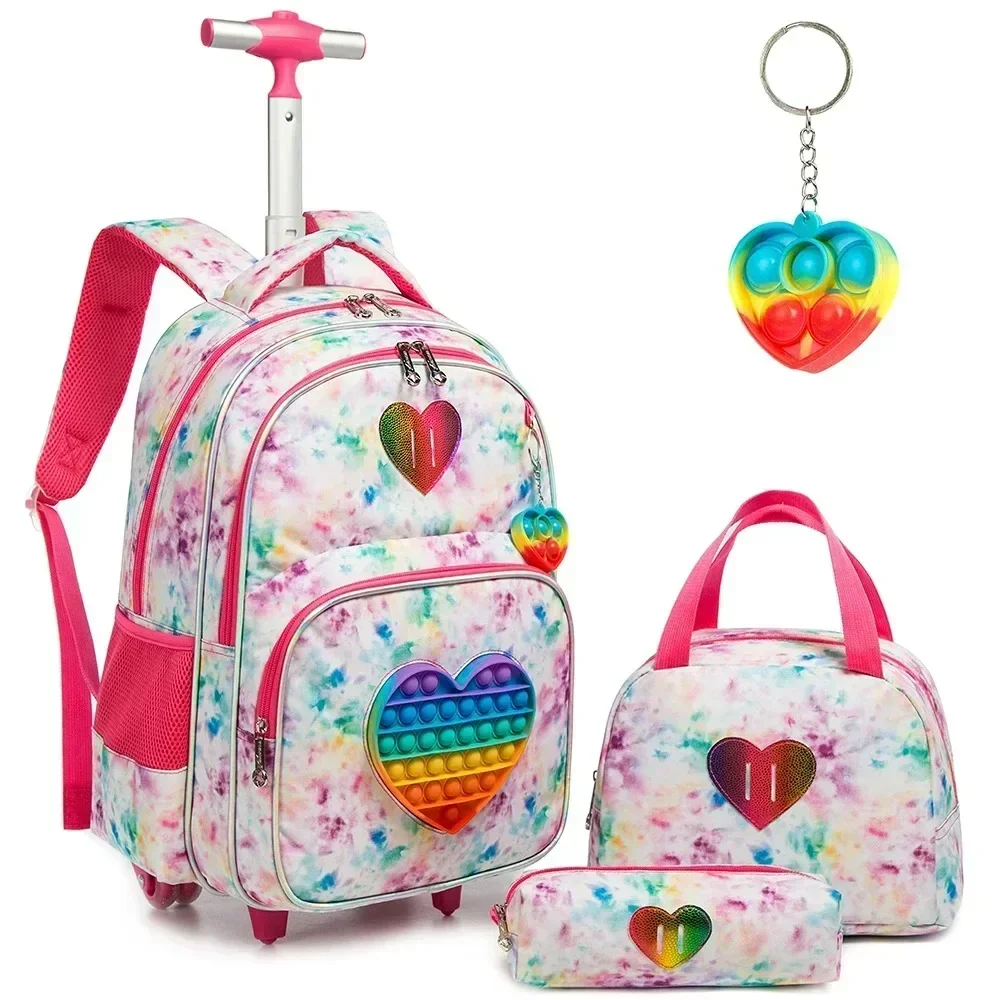 Conjunto de mochila de rolamento infantil, mochila escolar com rodas, carrinho de rodas, bagagem com rolo, crianças, meninas, estudantes