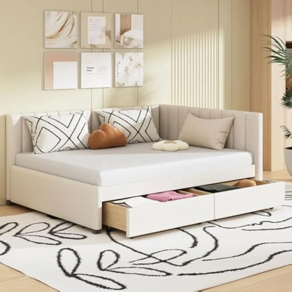 

Full Size Daybed with 2 Storage Drawers L-Shaped Upholstered Linen Fabric Sleeper Sofa Bed Couch