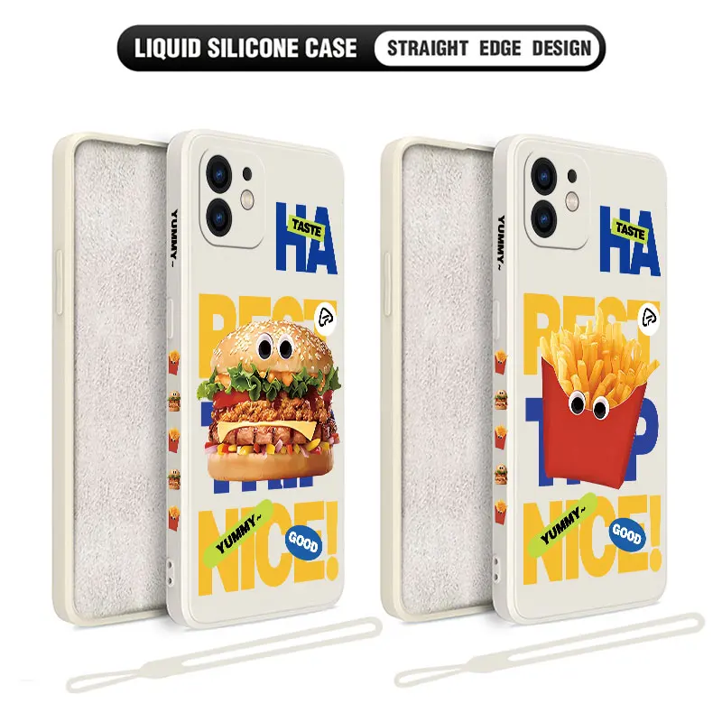 Fun Burgers Fries Phone Case For iPhone 15 14 13 12 11 Pro Max Mini X XR XS MAX SE20 8 7 6S Plus Soft Liquid Silicone Cover