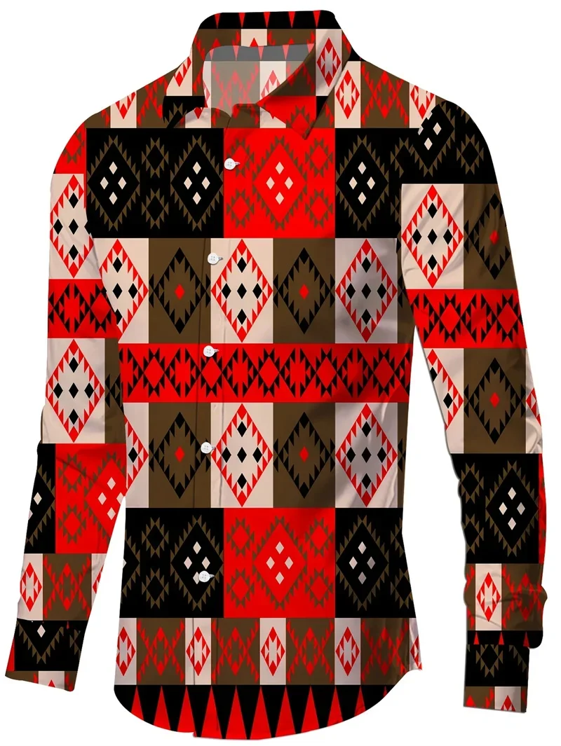 

Men's dark ethnic pattern 3D printed long-sleeved lapel dress shirt simple business casual office party high-end clothing men's