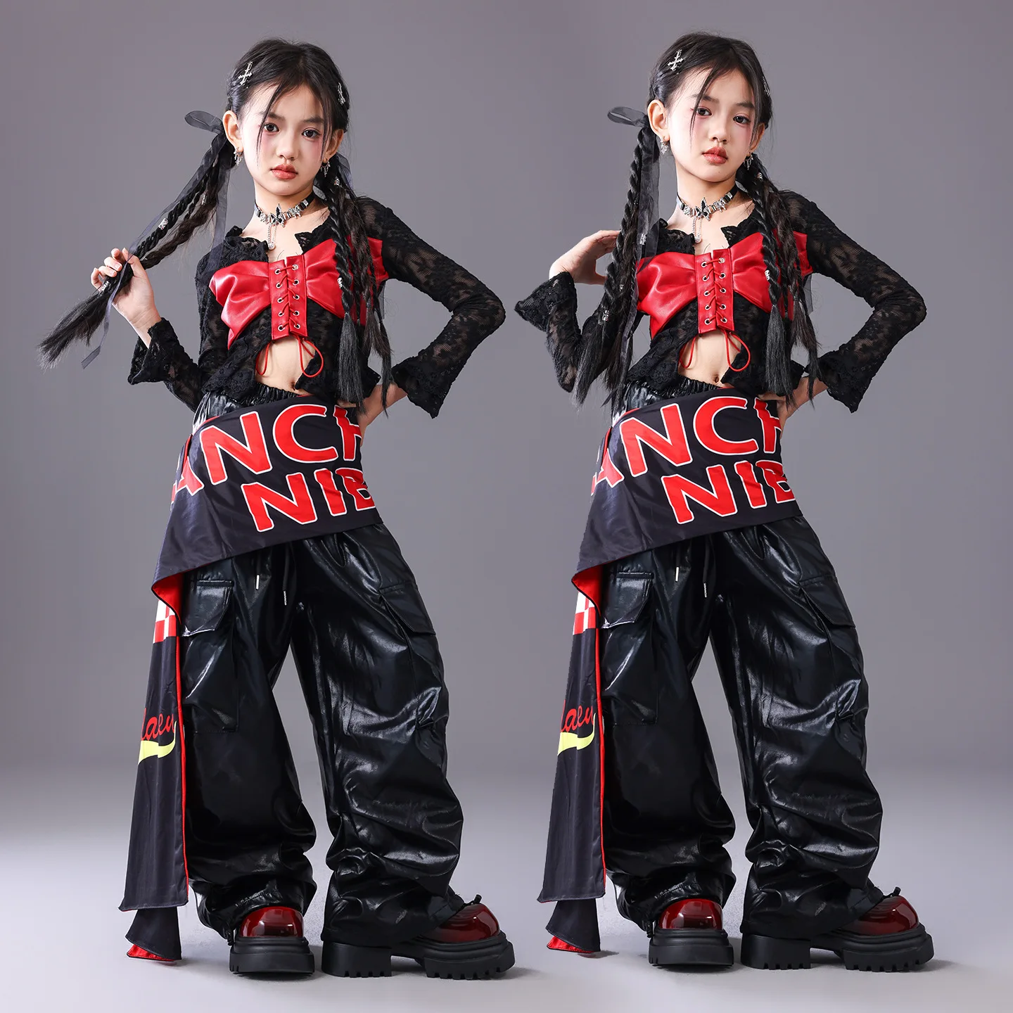 

Модные топы на бретелях с бантом для девочек K-pop, клетчатые юбки, рубашка в стиле хип-хоп, платье для уличных танцев, детская уличная одежда, комплекты детской джазовой одежды