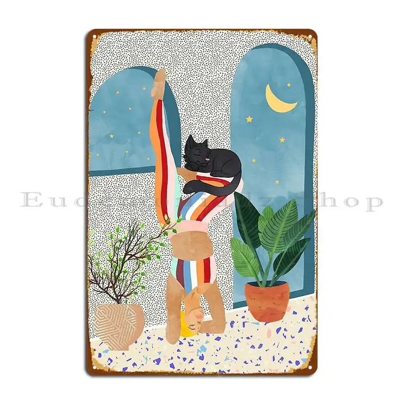 Headstand Cat Yoga Active Woman Workout Eclectic Colorful Pets Terrazzo Metal Sign Design Plaques Bar Cave Tin Sign Poster