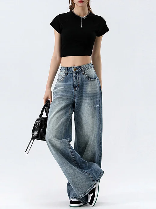 

American Style Vintage Wide Leg Jeans Women's Loose Slimming Casual Straight Floor-Length Pants Spring Summer New Arrival