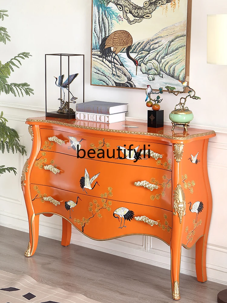 2024 new French Chinese style retro orange painted crane entrance entrance bedroom bedside TV cabinet