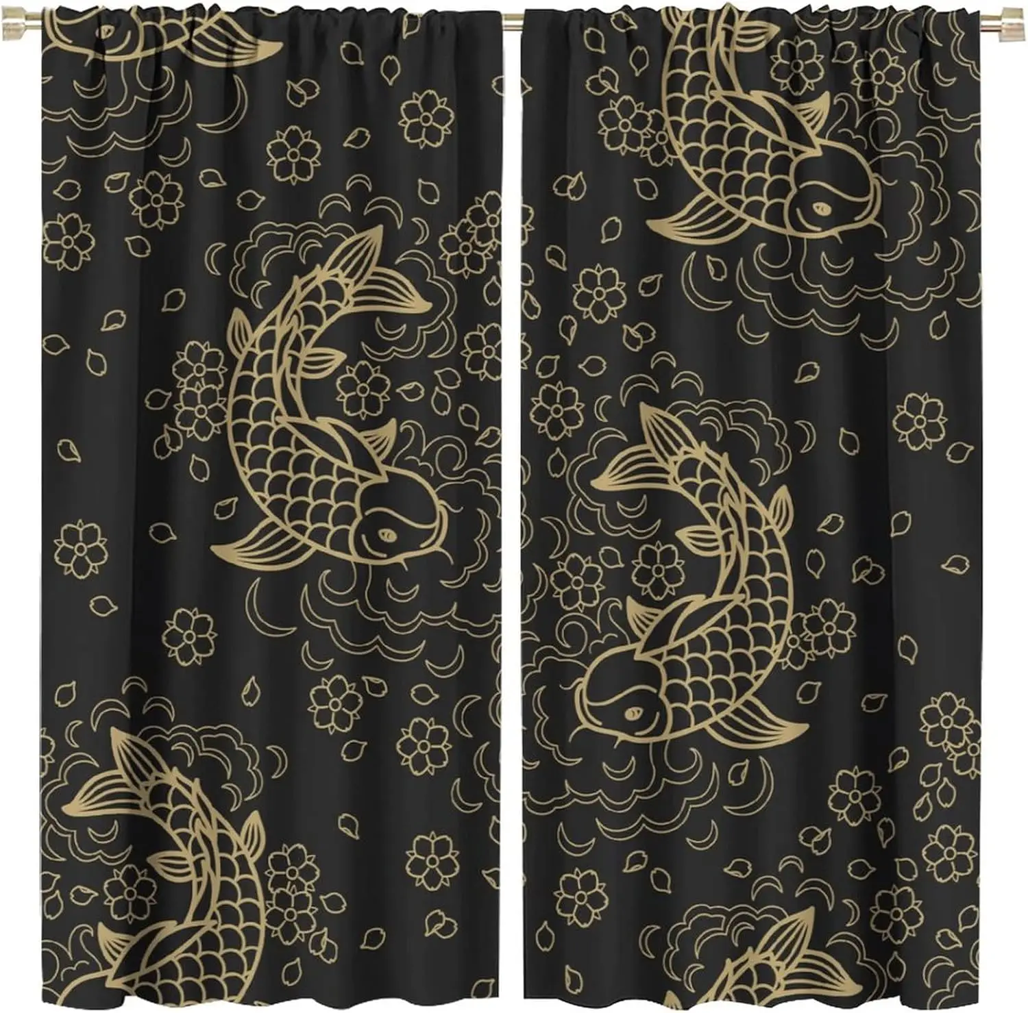 Japanese Koi Fish Curtains,Petals Koi Silhouette Asian Style Blackout Rod Pocket Window Drapes for Living Room Bedroom Kitchen