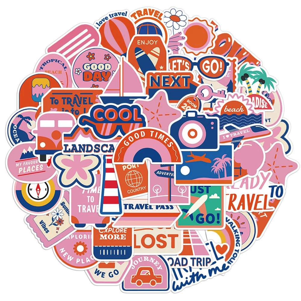 

10/30/50pcs Pink Travel Theme Graffiti Stickers Cartoon INS Style Aesthetic Decals Luggage Scrapbook Phone Kawaii Sticker Decor