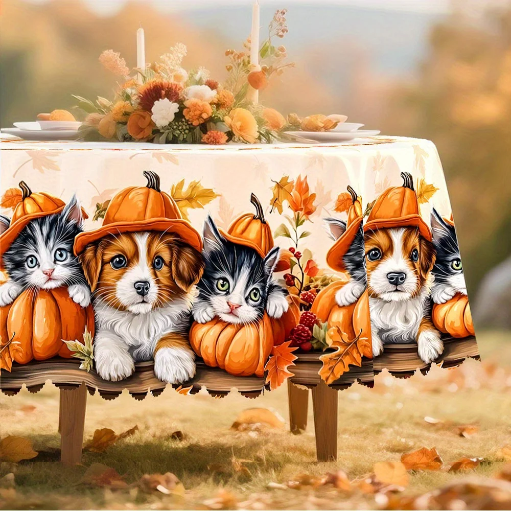 Cats, farm style, rural tablecloth, white and yellow decorations, kittens, puppies and pumpkin patternszyc