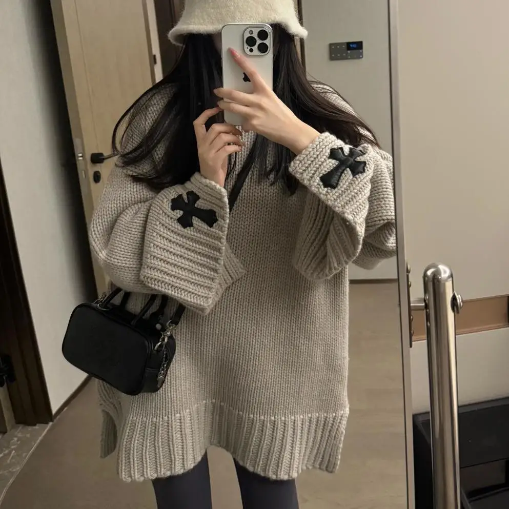 

Ленивый модный вязаный свитер в стиле ретро, универсальный свободный утягивающий женский пуловер с круглым вырезом и длинными рукавами, топ