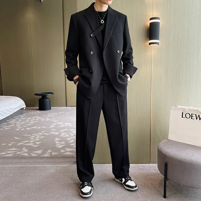 Men Fashion Casual Double Breasted Loose Casual Suits Blazer Wide Leg Pant Male Wedding Business Dress Suits Coat Trousers