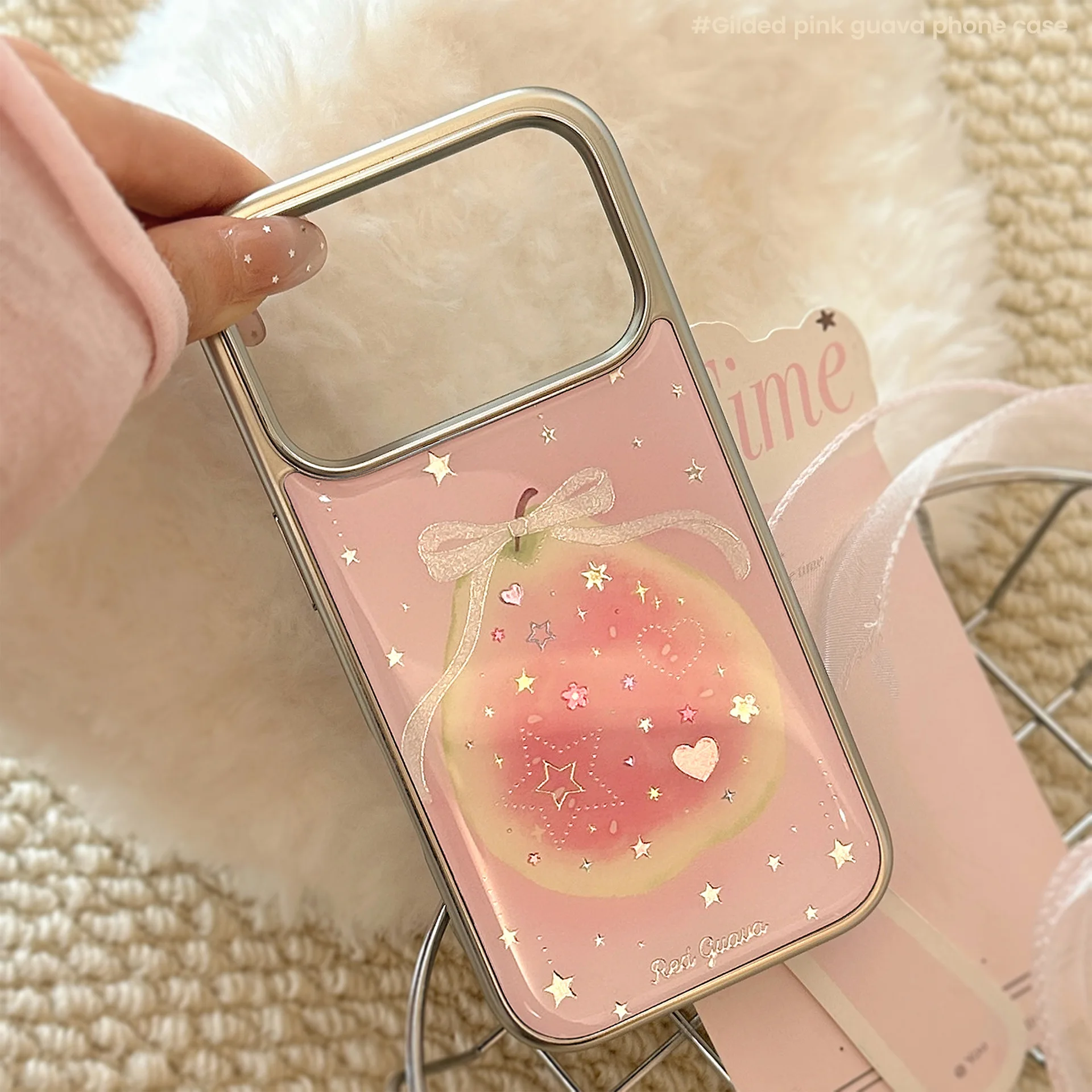 Funda de teléfono coreana de dibujos animados con diseño de guayaba y lazo, con borde plateado y pegamento, para iPhone 17 Air 16 15 14 13 12 Pro Max, cubierta rígida a prueba de golpes