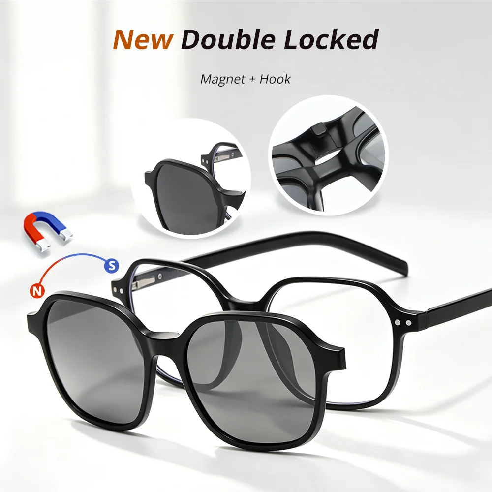 TR90 Magnetic Sunglasses Hexagon Women Men 6 In 1 Clip On Glasses Polarized UV400 Mirror Shades Optical Eyeglasses Frame Driving