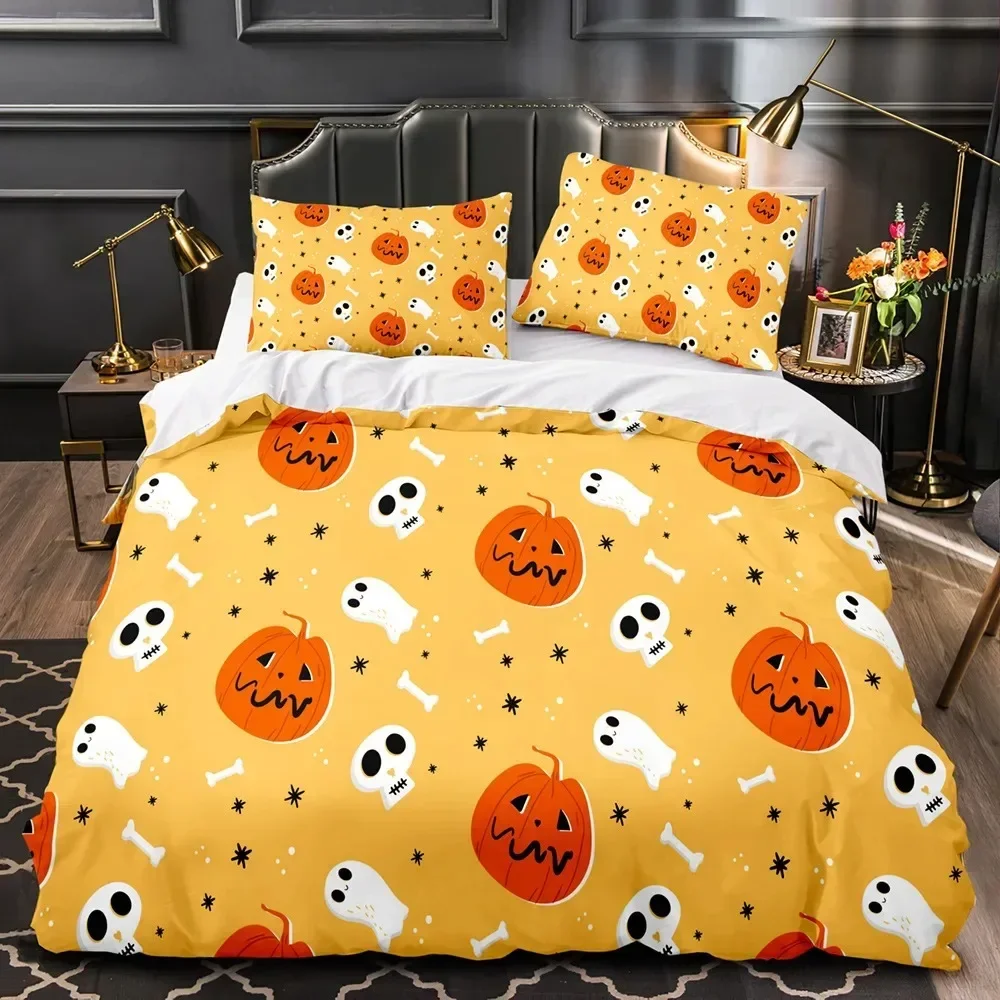 Vintage Halloween Duvet Cover Set, Halloween Cartoon Jack O' Lantern Tombstone Skulls and Bones Polyester Bedding Set