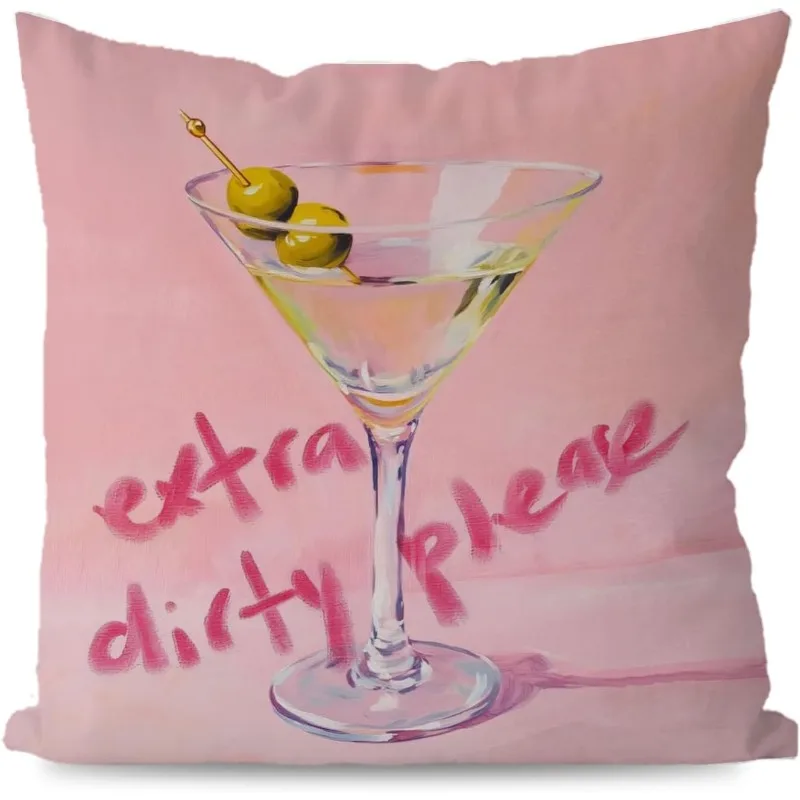 Funny Extra Dirty Martini Pillowcase, Pink Cocktail Cushion Cover, Girly Bar Decor, Humorous Alcohol Quote Gift for Girls