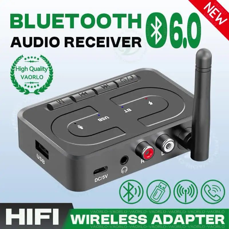 VAORLO Bluetooth 6.0 Audio Receiver 3.5mm AUX RCA With Mic HIFI