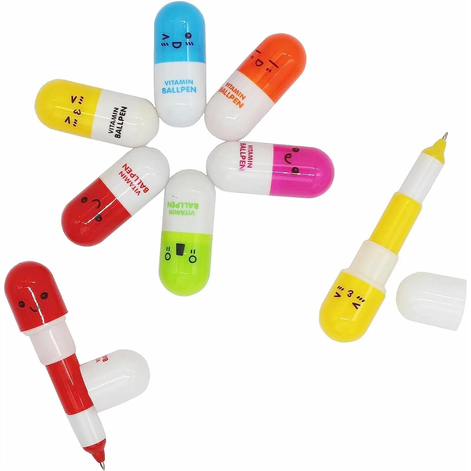

40pcs Vitamin Pill Ballpoint Pen Cute Cartoon Smiling Face Retractable Pen with Blue Ink for Daily Writing