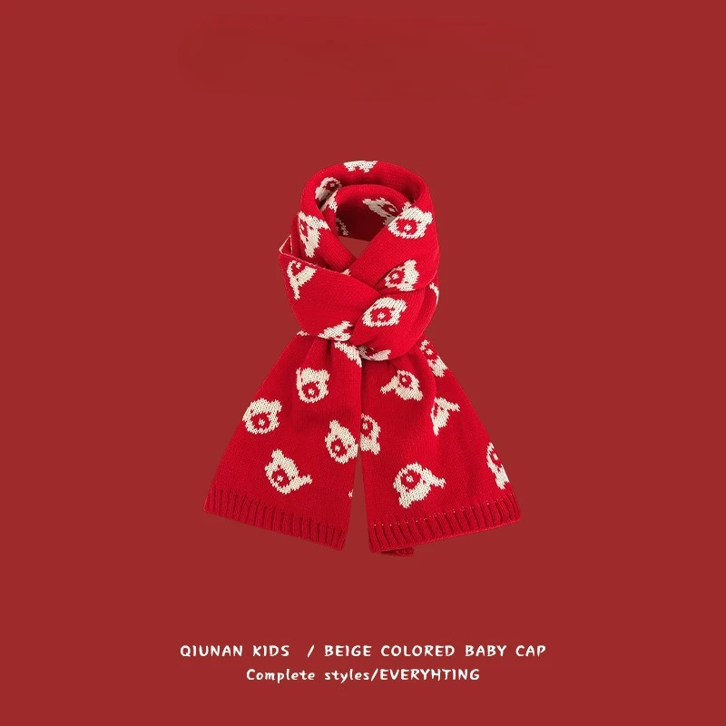 Sciarpa per bambini per l'inverno, carina e versatile con orsetto, filato lavorato a maglia rosso di Capodanno, scaldacollo natalizio per bambini
