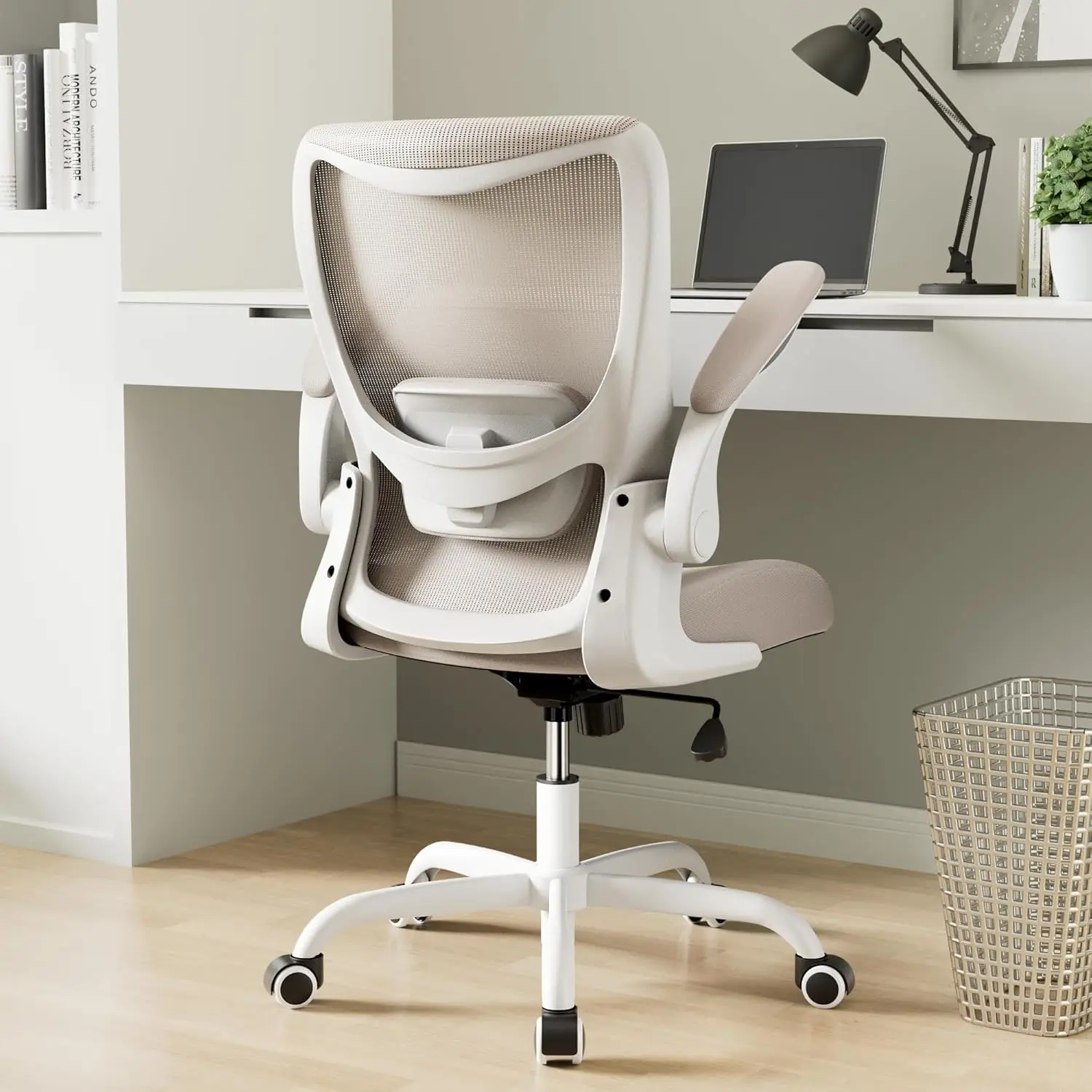 Ergonomic Office Chair with Adjustable Lumbar Support, Flip-Up Armrests, Breathable Mesh, Khaki