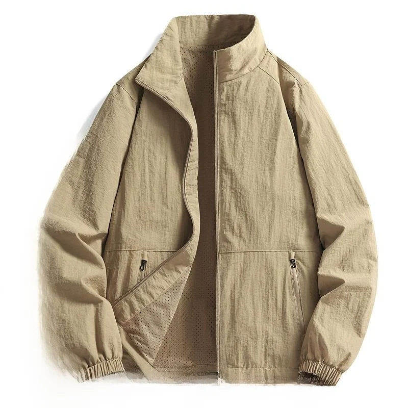 

Spring Autumn Men's plus Size Jaet Stand Collar Casual Thin Outerwear Dad Middle-Aged Top Simple Sle Long Sve Coat