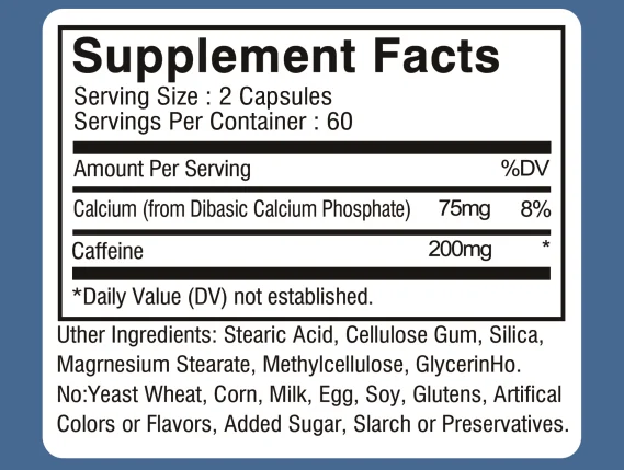 Maximale potentie-cafeïnecapsules 200 mg, biedt energie en focus, vermindert vermoeidheid, verhoogt het uithoudingsvermogen niet-GMO