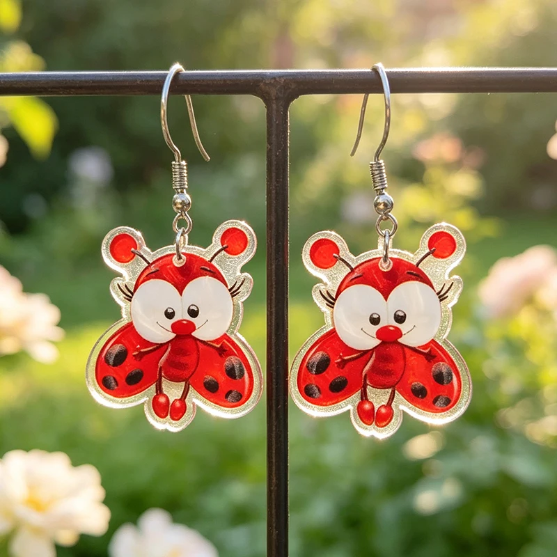 New Cute Large eyed Ladybug Acrylic Earrings for Garden Ladybug Animal Enthusiasts Stainless Steel Earhook Earrings