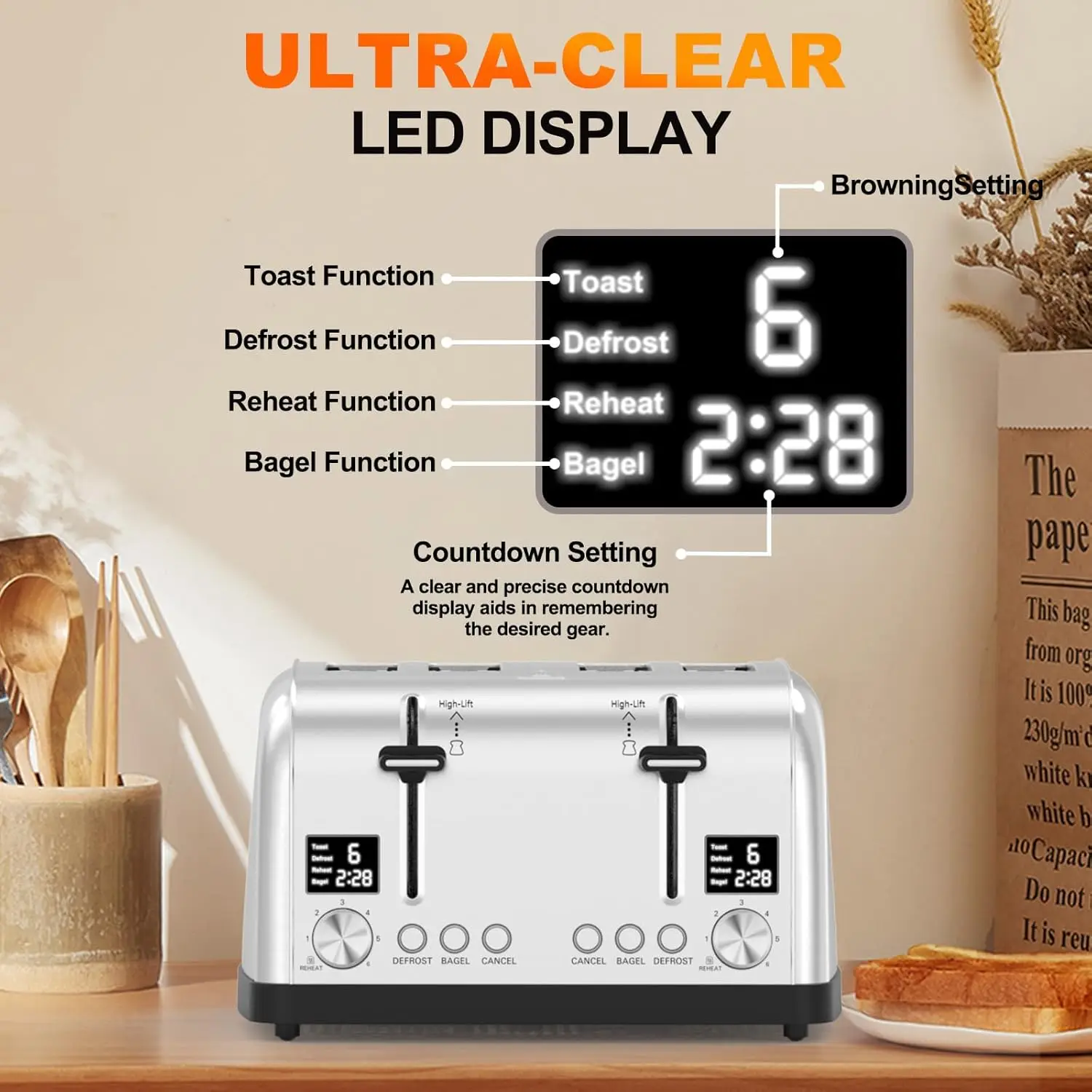 Toaster 4 Slice,Ultra-Clear Led Display, Dual Control Panels With Independent Settings,Retro Stainless Steel Toater