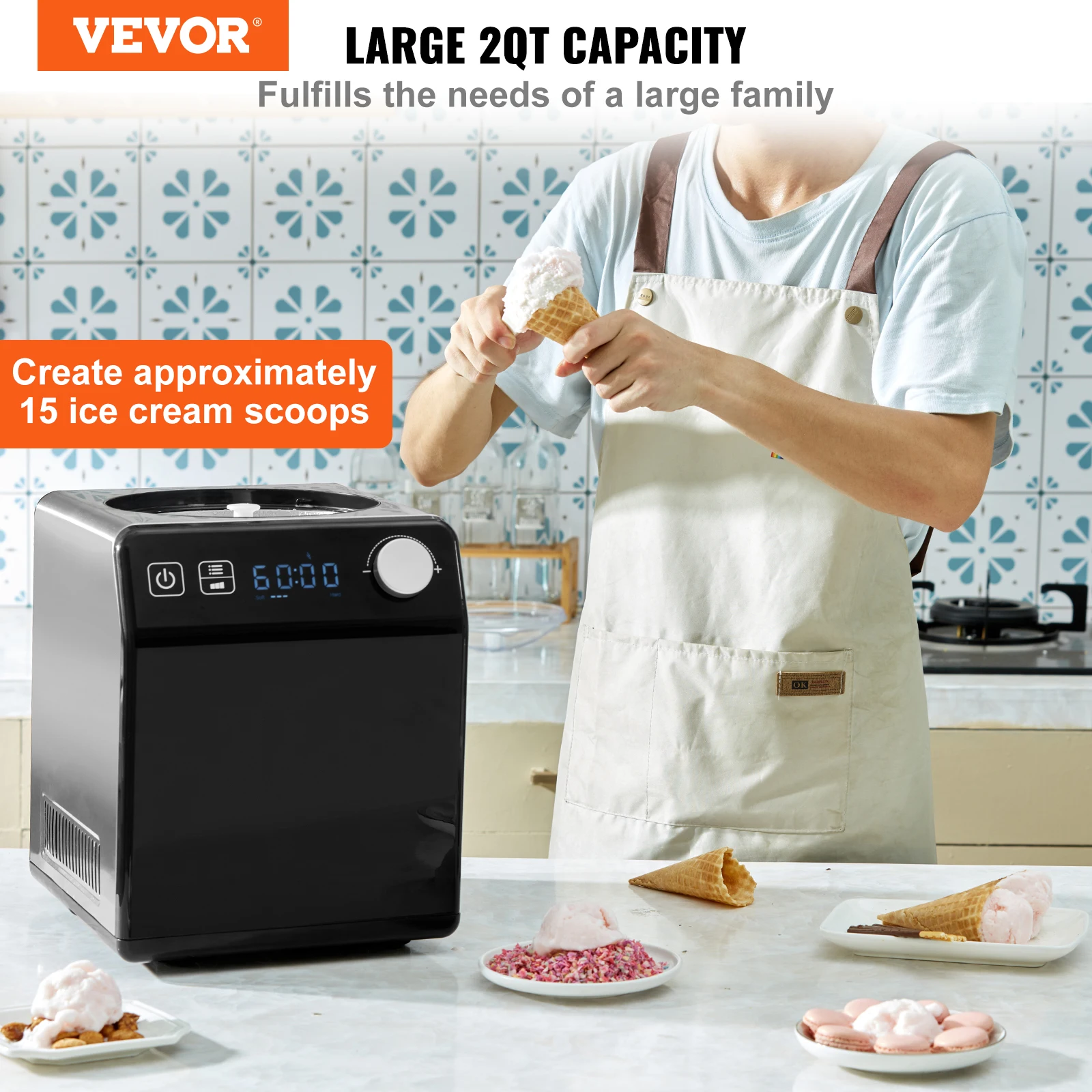 VEVOR Upright Automatic Ice Cream Maker with Built-in Compressor, 2 Quart No Pre-freezing