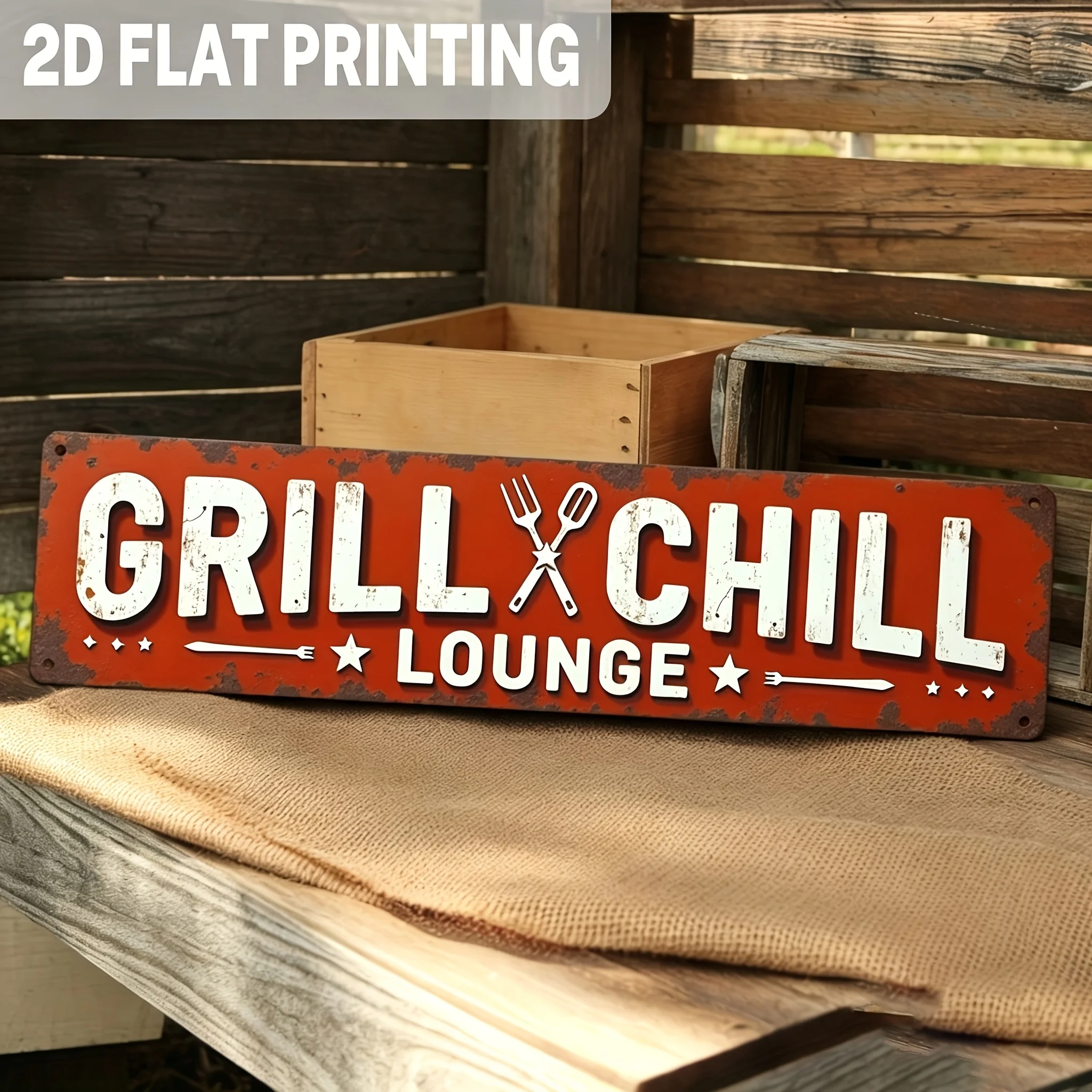 2D Metal Sign, Grill Chill Lounge, Rustic Farmhouse BBQ Wall Art, 3.93x15.74in, Pre-Drilled Easy Hanging, for Kitchen Patio Bar