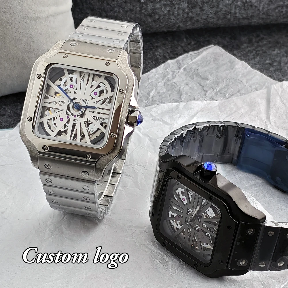 NH70 Square Watch Men's Watch 27mm Customized Logo Watch Stainless Steel Watch Hollow out Watch NH70 Movement Watch Accessories