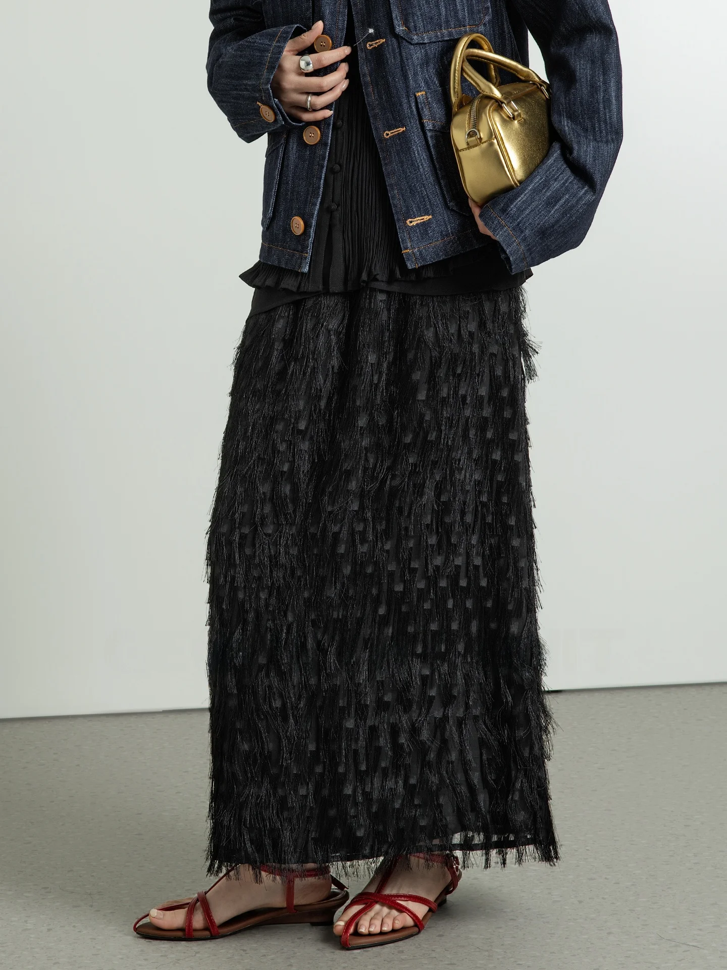 

Bla Fringed High Waist A-Line Midi Skirt for Women Spring New Sle Ba Split Geometry Unit Polyester Fiber Non-Stretch