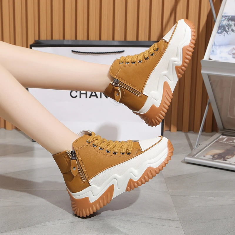 New 2024 Spring Autumn Vulcanized Shoes High Top Lace-up Casual Shoes Sports Women\'s Shoes Thick Soles Increase Shoes