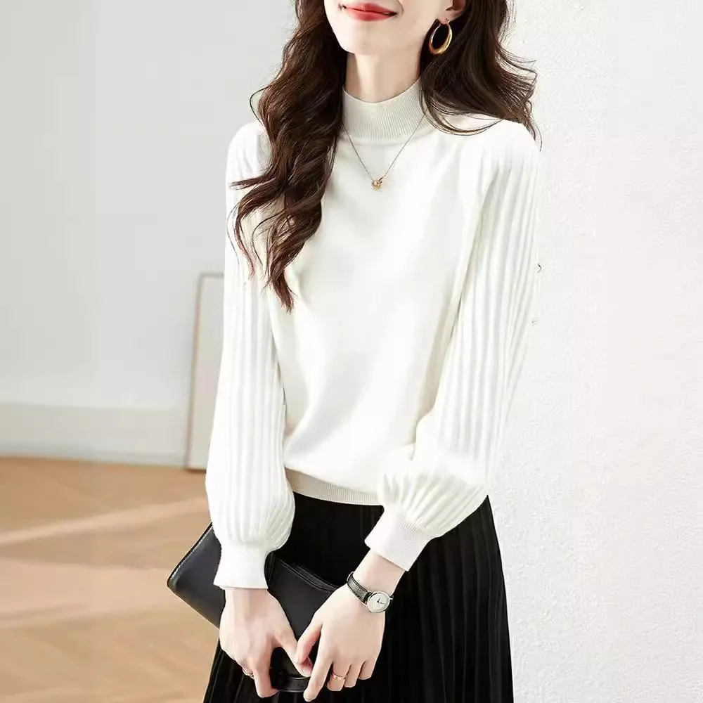 Camicia base collo mezzo alto Luce Lusso Alla moda Autunno e inverno Versatile Casual Pit Strip Cachemire a maniche lunghe Caldo