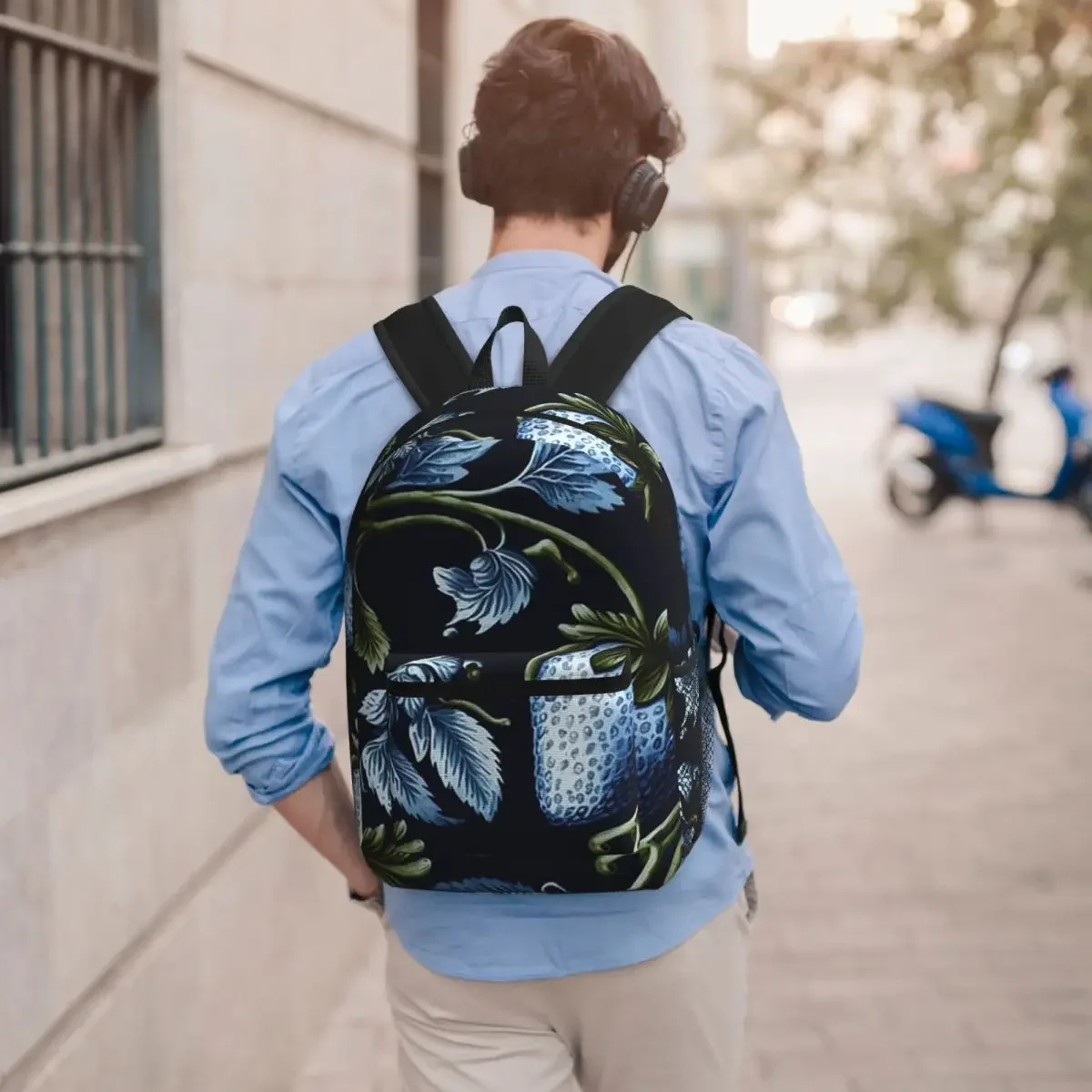 Cute Blue Strawberry On Black Pattern Backpack Boys Girls BookBag Kids School Bag Laptop Shoulder Bags for Men Women