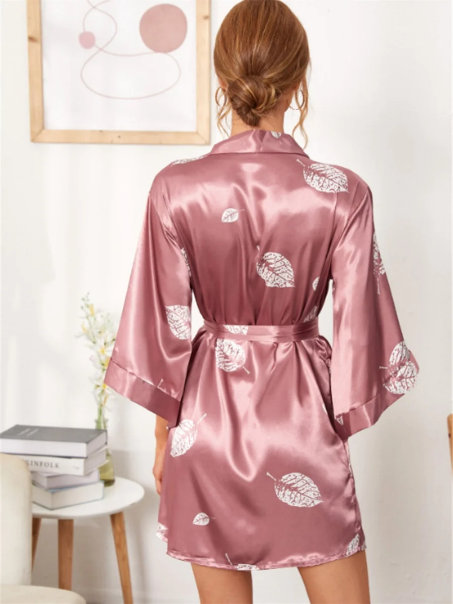 A Lotus Root Women\'s Fashion Robe Simulation Silk Comfortable Fashionable Hundred Daily Printed Homewear Hundred Sleeping Robe