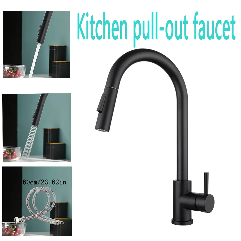 1 Piece of Kitchen Stainless Steel Pull-out Hot and Cold Water Mixing Faucet with 3-speed Nozzle Function