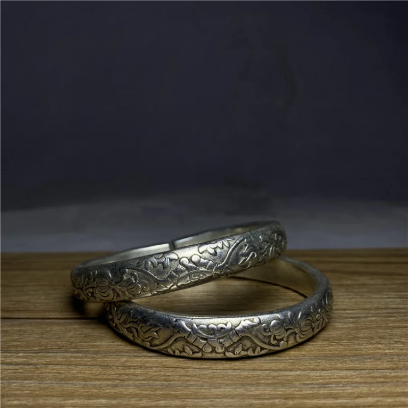 Antique Old Bracelet With Floral Ethnic Design, 925 Silver Vintage Item, Open Bangle Women