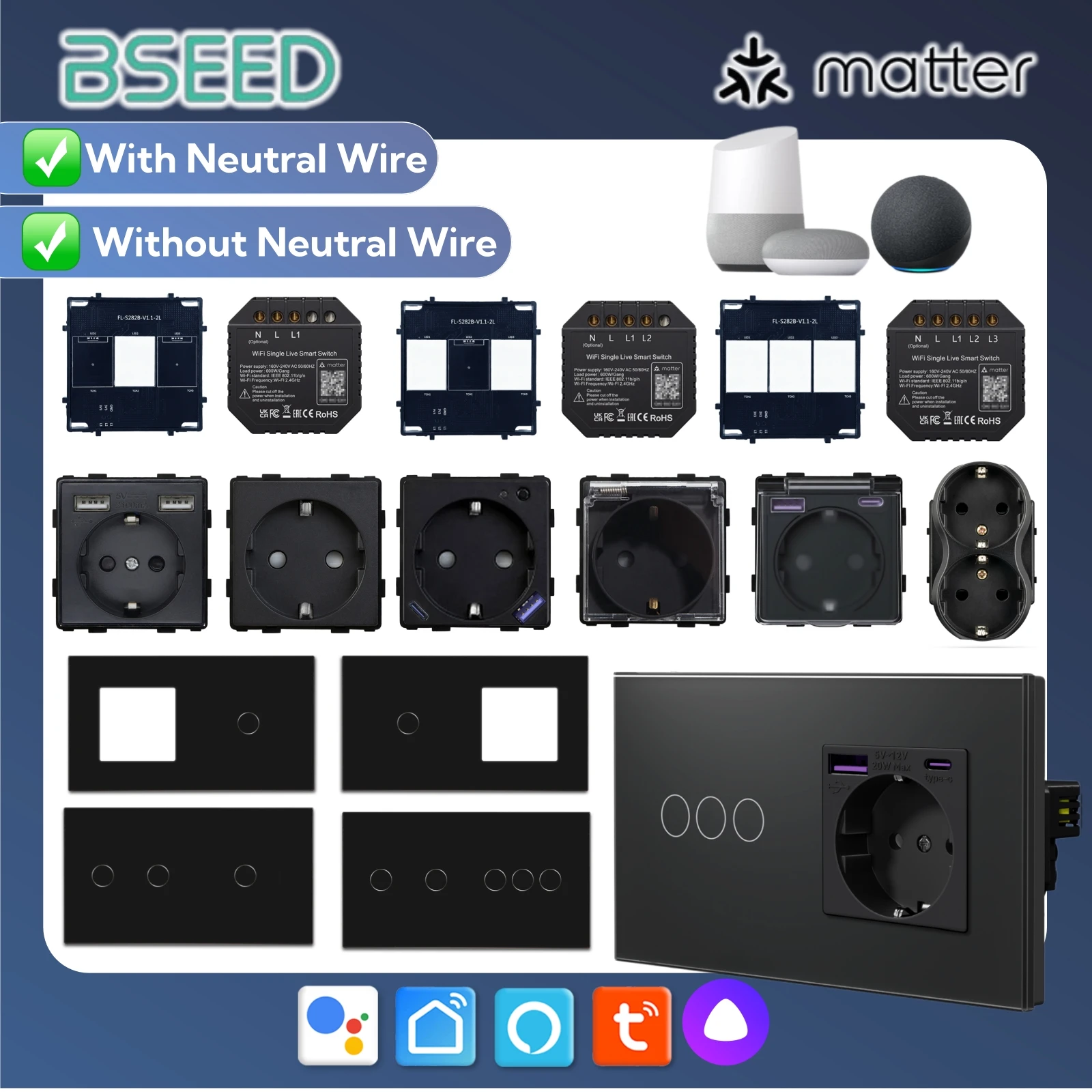 BSEED WiFi Matter Touch Switch Module DIY Parts Glass Panel Only Smart EU Socket Outlets Work With Tuya Smart Yandex Life APP